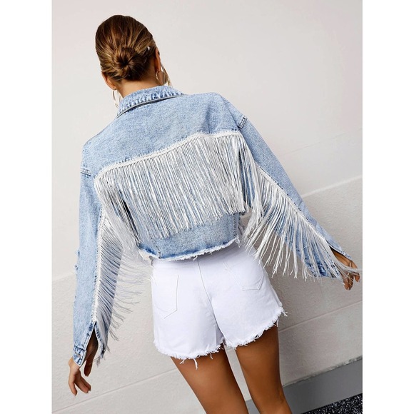 Fringe Raw Hem Button Front Crop Denim Jacket jean tassel cowboy nashville - Picture 4 of 6